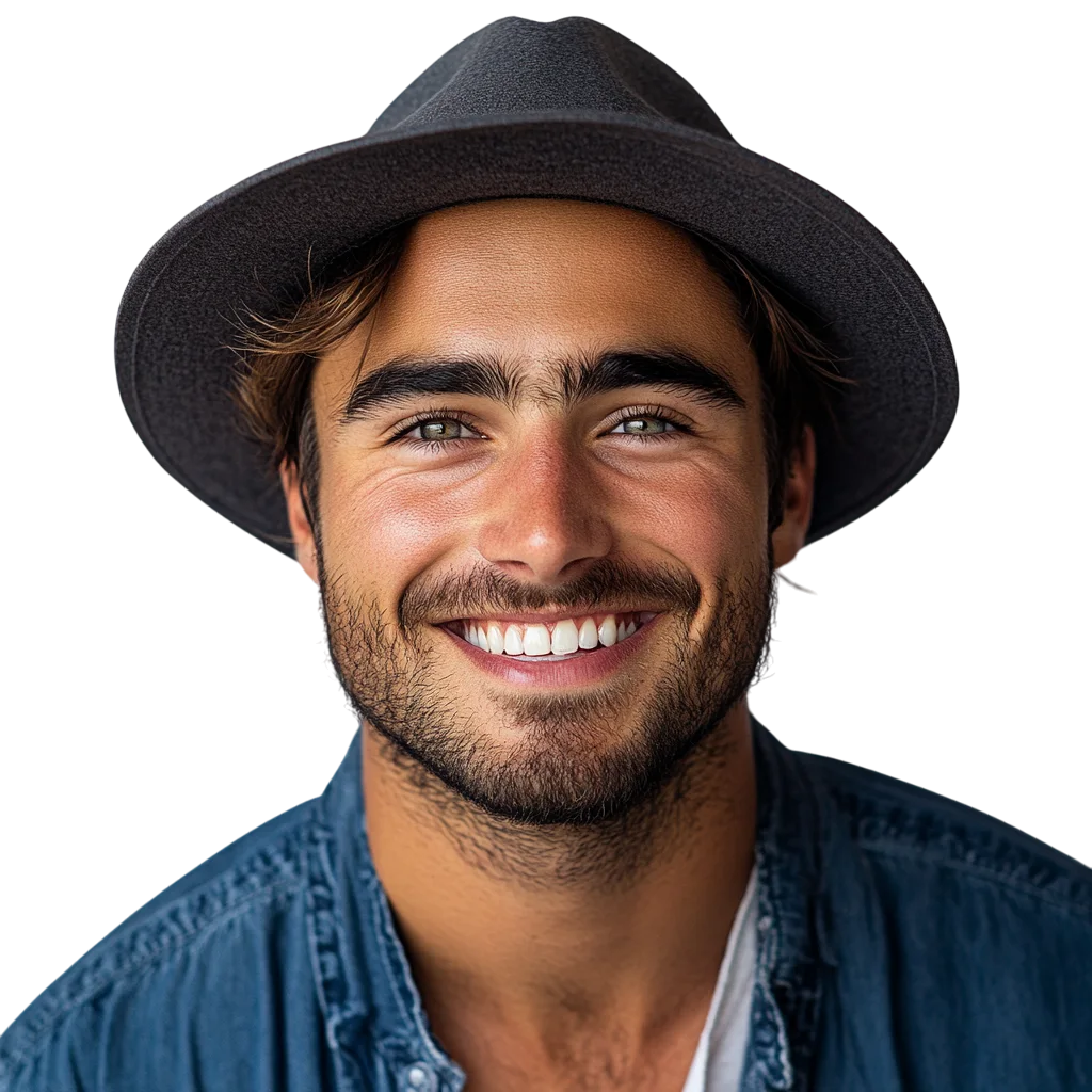 Smiling Young Man in a Dark Hat and Denim Shirt Free PNG