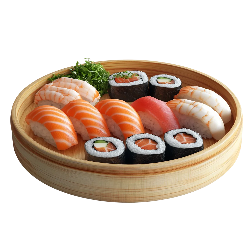 Assorted Sushi Platter in a Wooden Tray Free PNG
