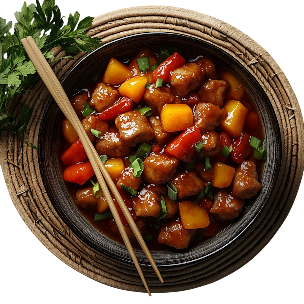 Sweet and Sour Meat Bowl with Chopsticks Free PNG