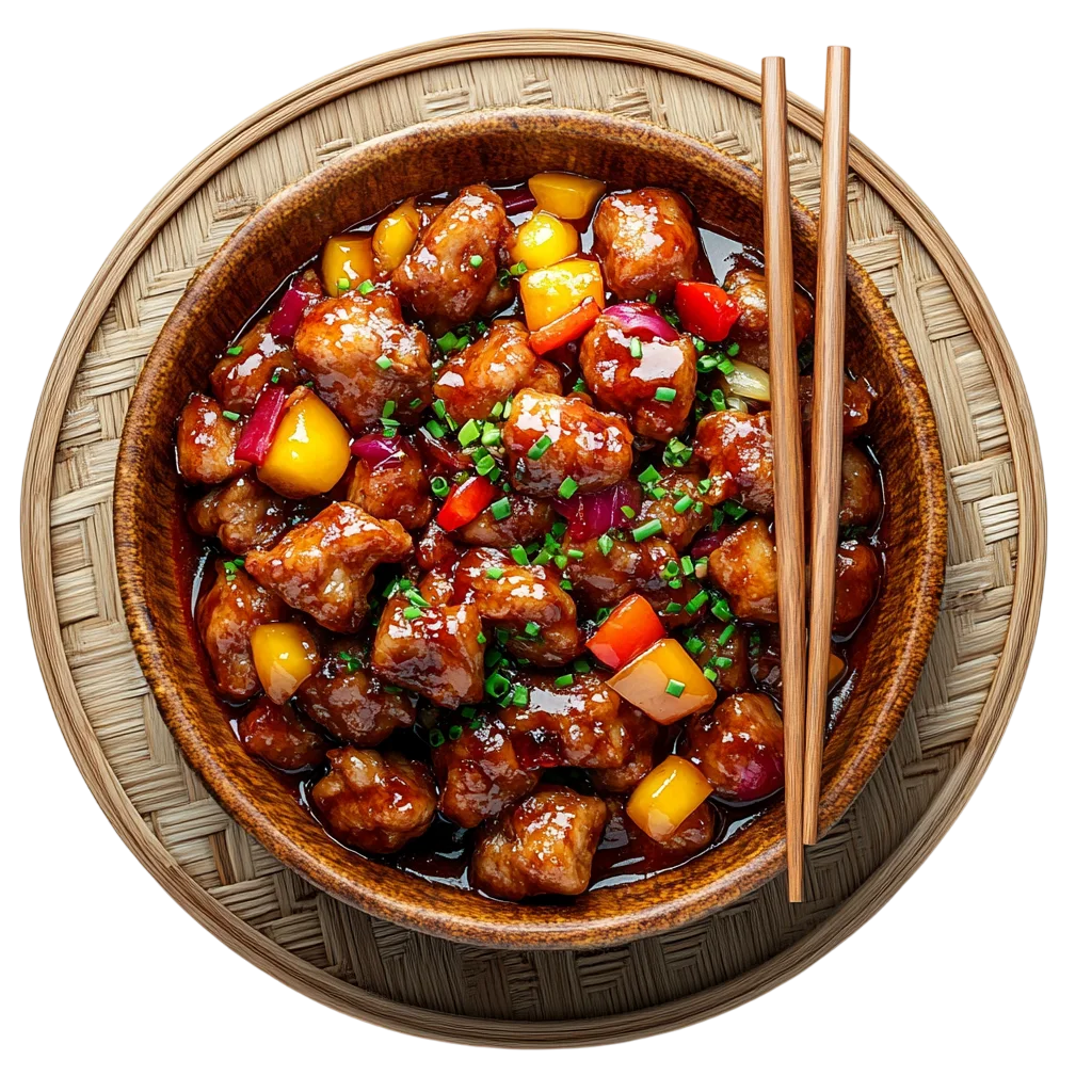 Glazed Meat Bites with Colorful Peppers in a Bowl | Free PNG