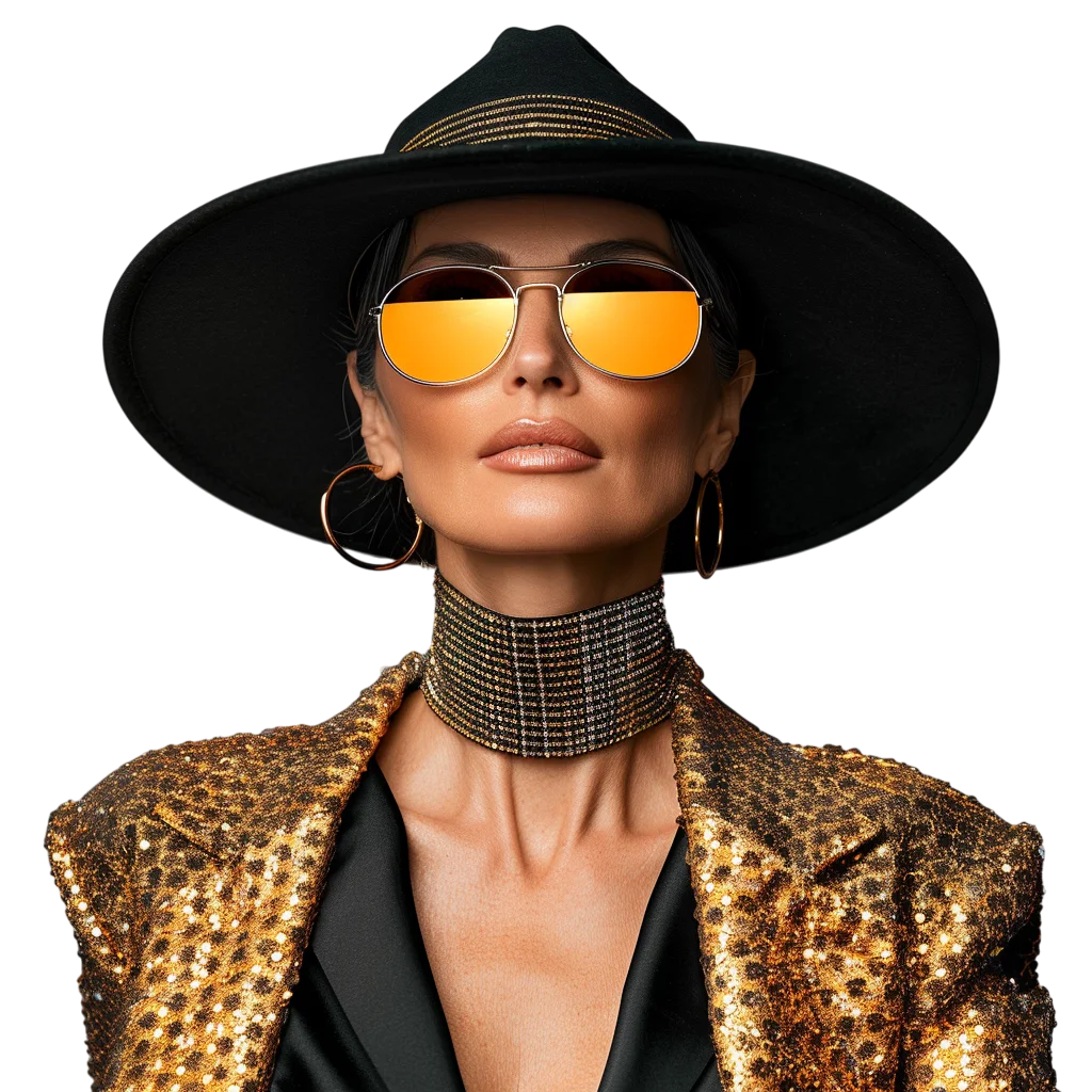 Glamorous Fashion Portrait in a Black Hat and Gold Jacket | Free PNG
