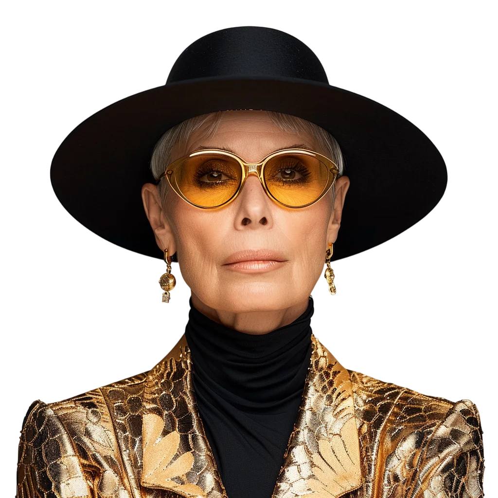 Mature Woman in Gold Brocade and Black Hat - Free PNG