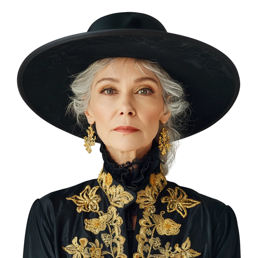 Silver-Haired Woman in Ornate Black and Gold Attire | Free PNG
