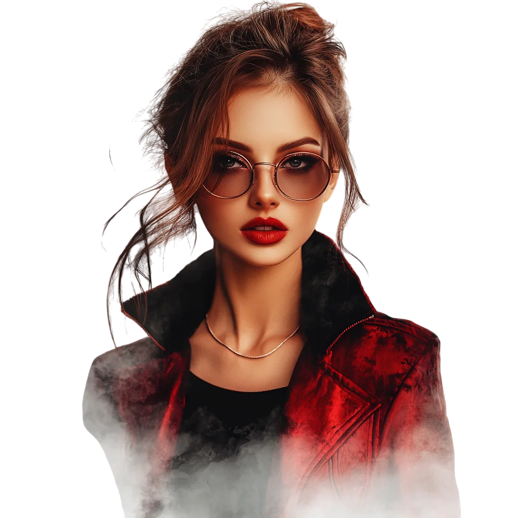 Stylized Woman in Red Jacket and Round Glasses Free PNG