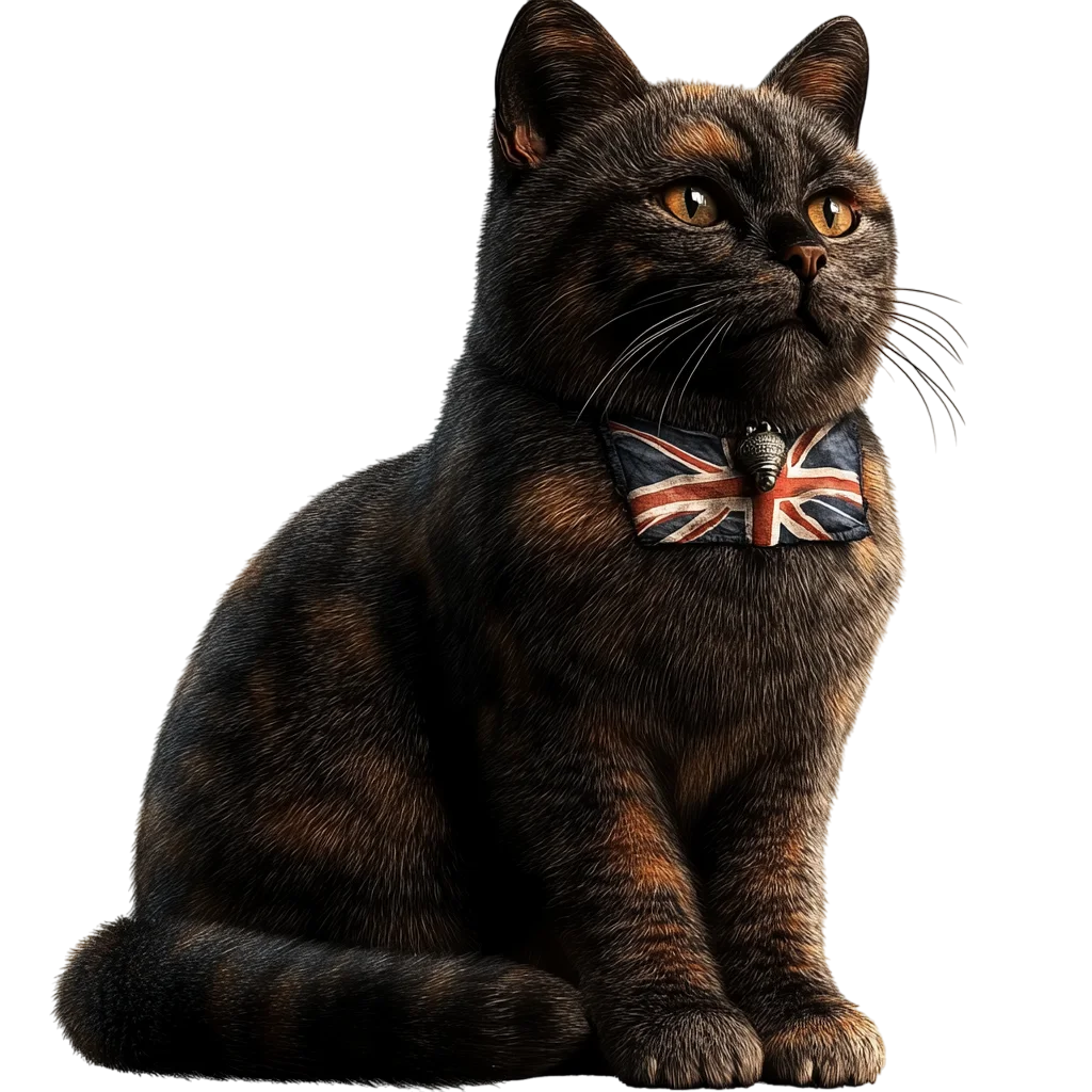 Seated Tortoiseshell Cat with Union Jack Bow Tie - Free PNG