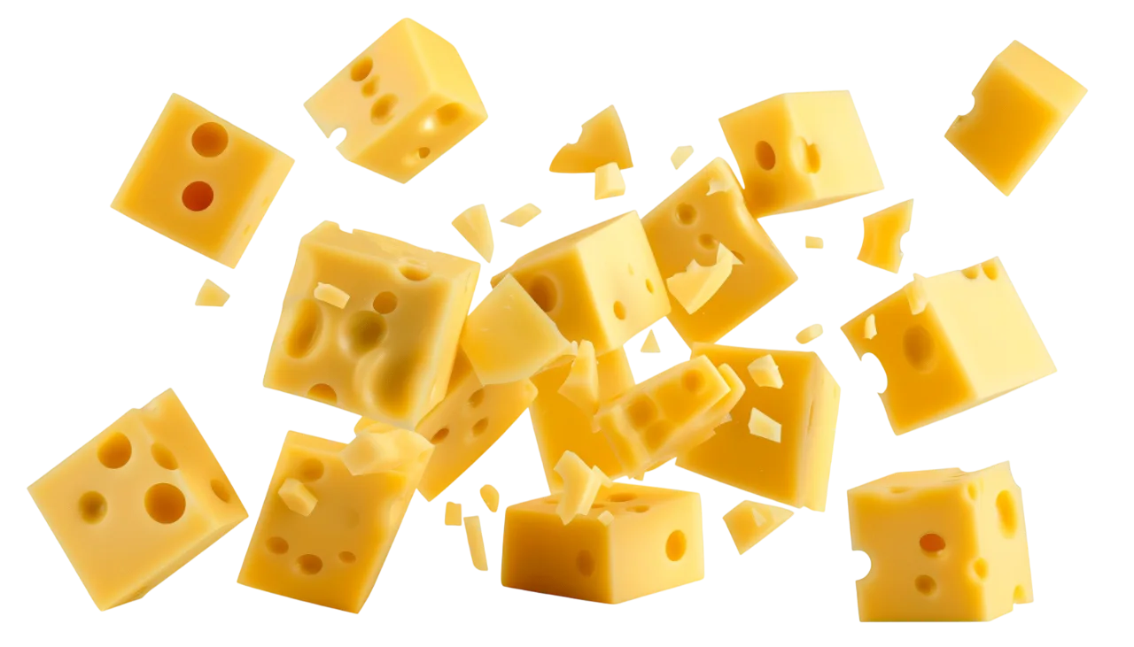 Floating Swiss Cheese Cubes and Pieces - Free PNG