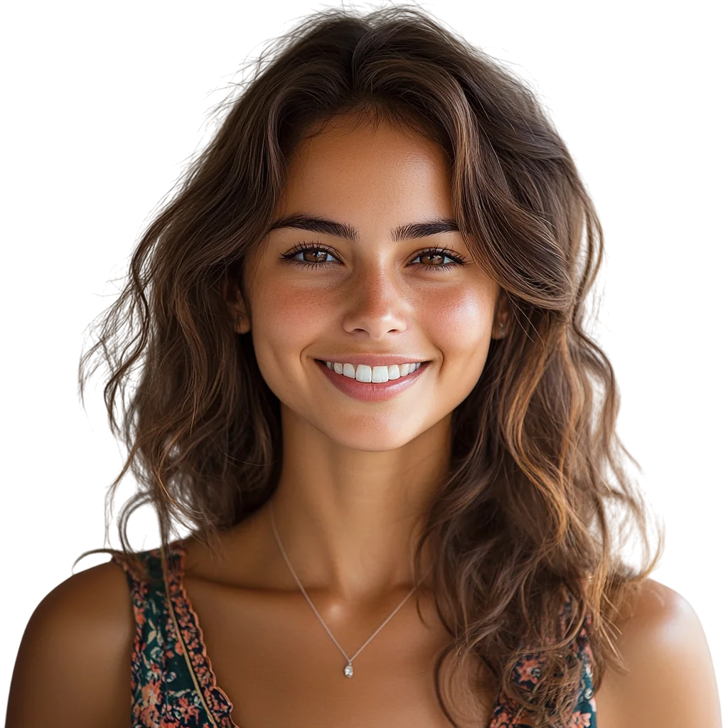 Smiling Woman with Wavy Brown Hair Portrait Free PNG