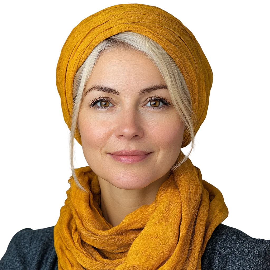 Smiling Blonde Woman in Mustard Head Wrap and Scarf Free PNG