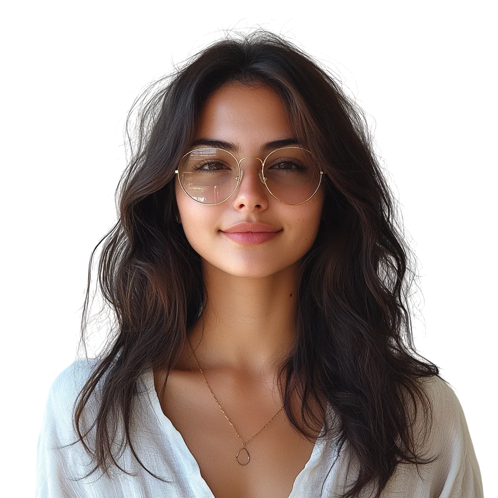 Smiling Woman with Round Gold Glasses Free PNG