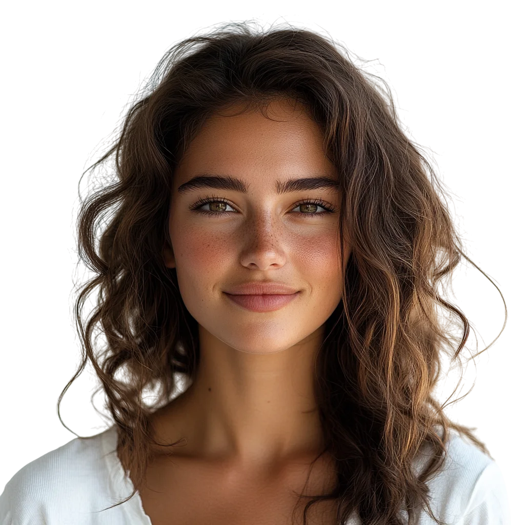 Smiling Woman with Wavy Brown Hair Free PNG