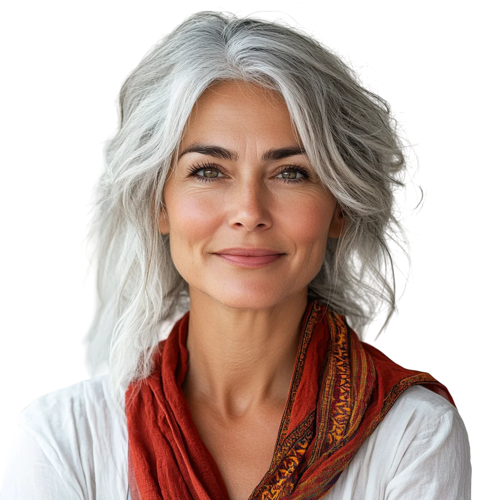 Confident Woman with Silver Hair and Red Scarf | Free PNG