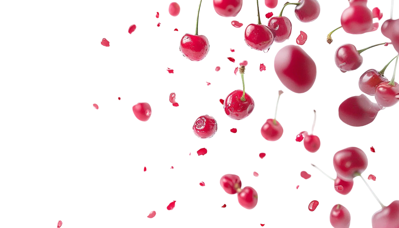 Floating Red Cherries and Fruit Pieces Free PNG