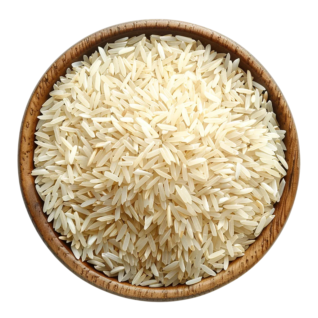 Top View of Long-Grain White Rice in a Wooden Bowl Free PNG