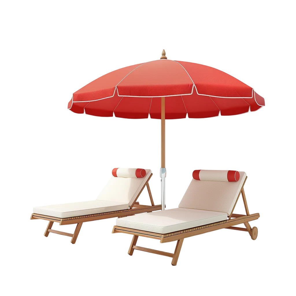Red Beach Umbrella and Wooden Chaise Lounges Free PNG