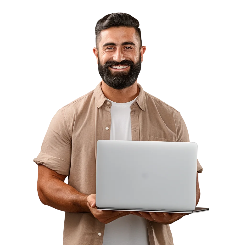 Smiling Bearded Man Holding a Laptop Free PNG