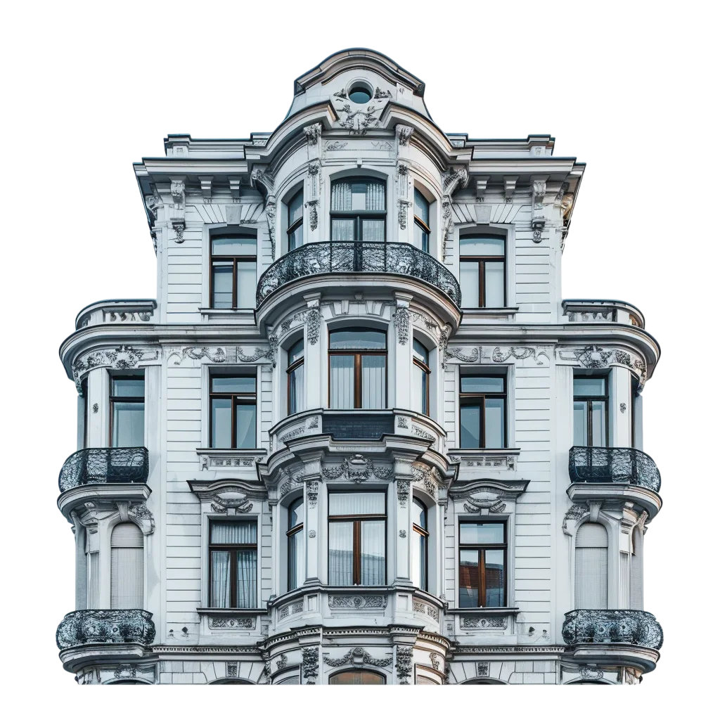 Ornate White Historic Building Facade with Balconies Free PNG