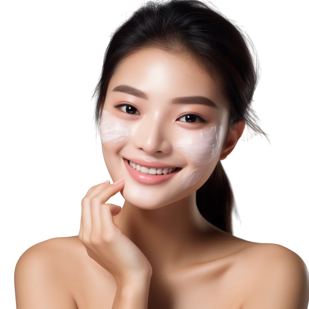 Smiling Woman with Skincare Cream on Cheeks Free PNG