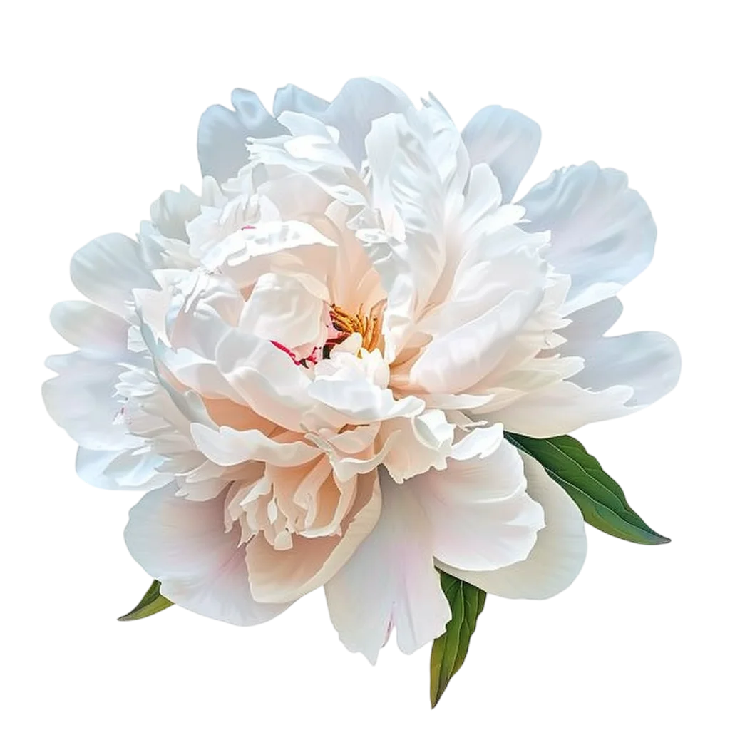 White Peony Bloom with Green Leaves Free PNG
