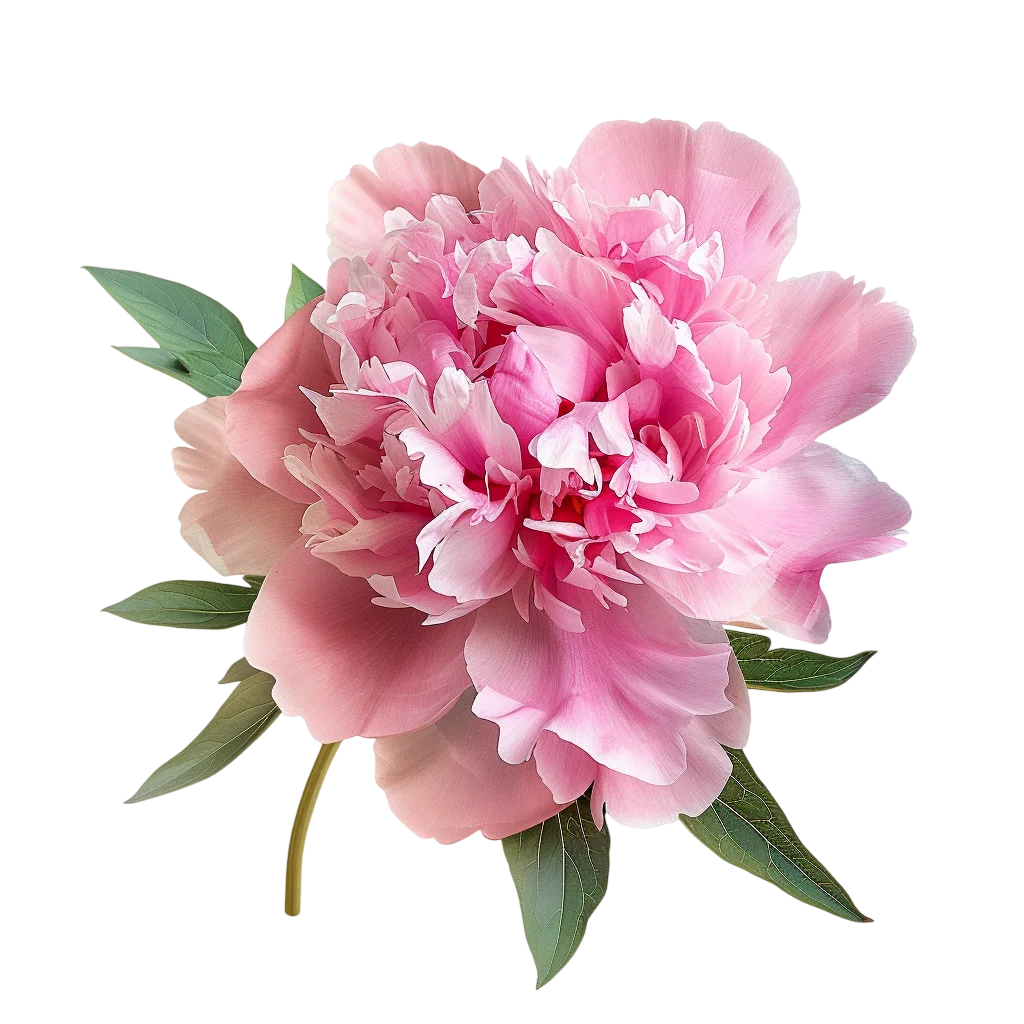 Pink Peony Flower with Green Leaves – Free PNG