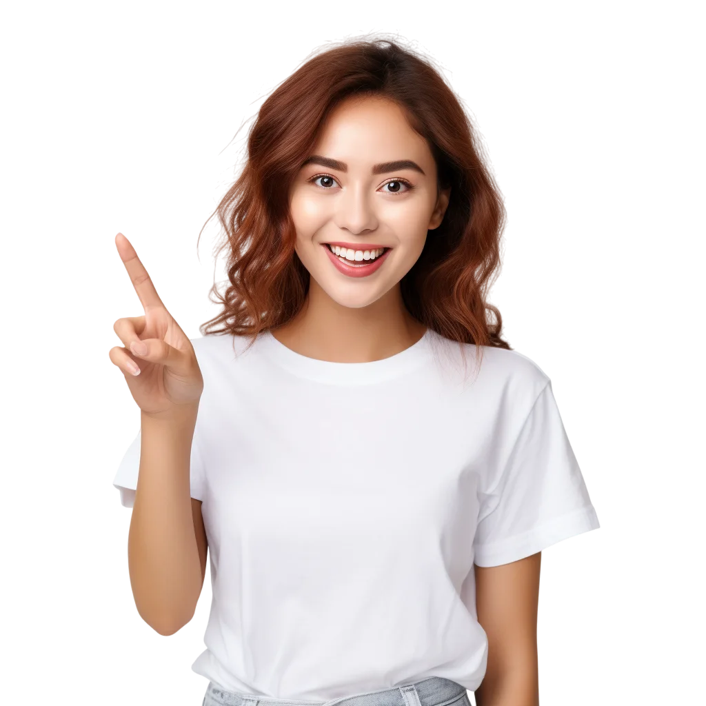 Smiling Woman Pointing Up in White T-Shirt – Free PNG
