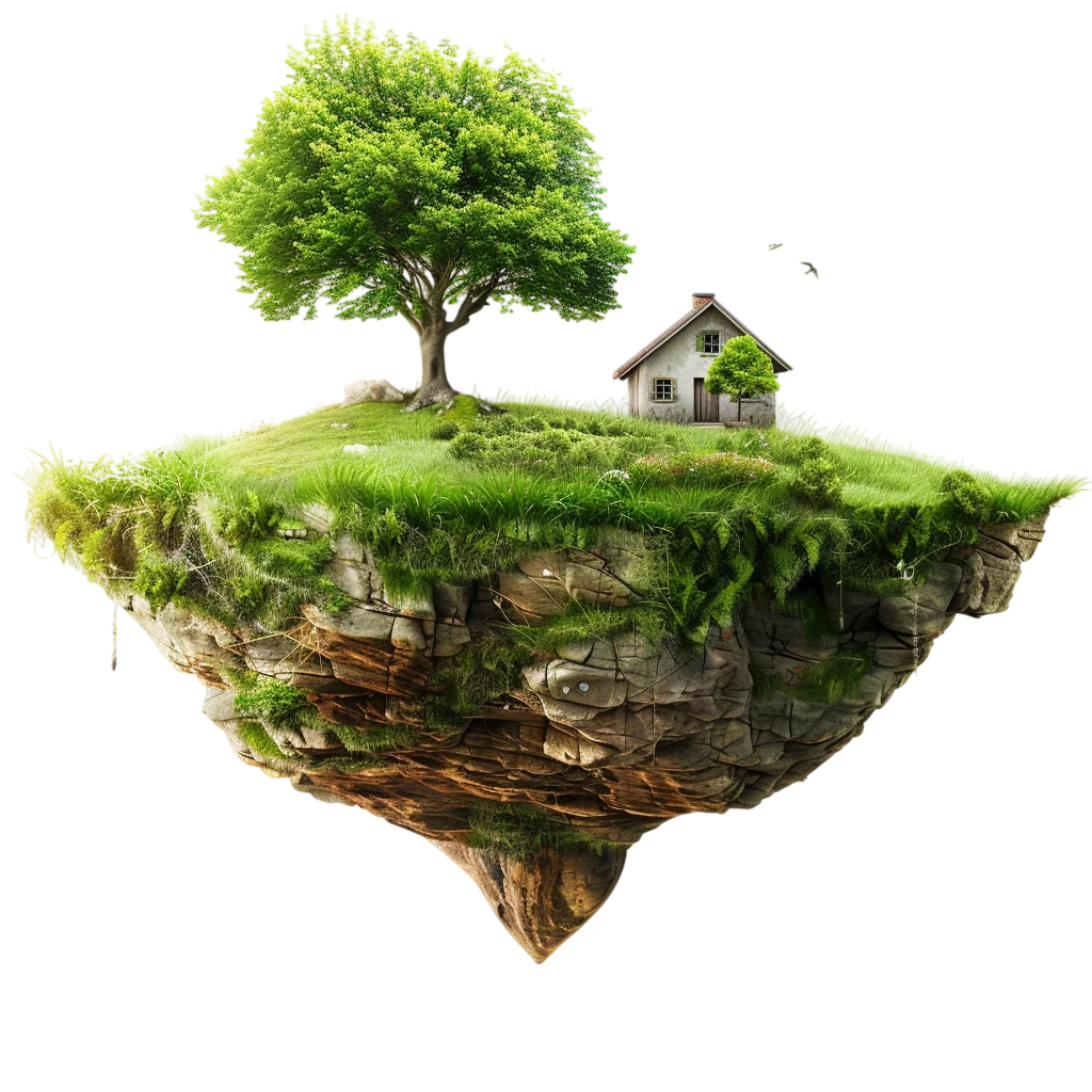 Floating Green Island with Tree and Cottage Free PNG