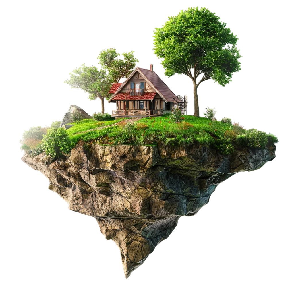 Floating Island Cottage with Trees and Greenery – Free PNG