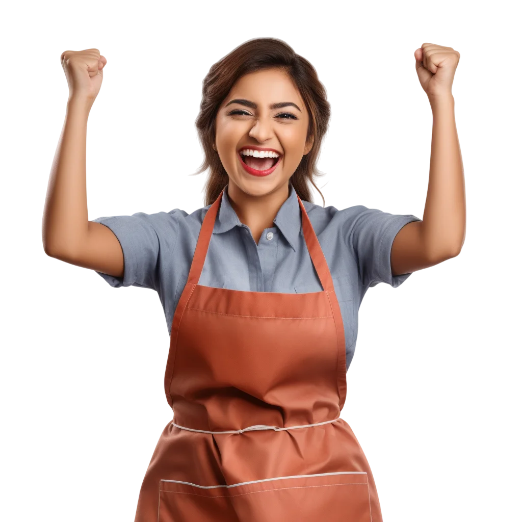 Joyful Apron-Wearing Woman Celebrating with Raised Fists | Free PNG