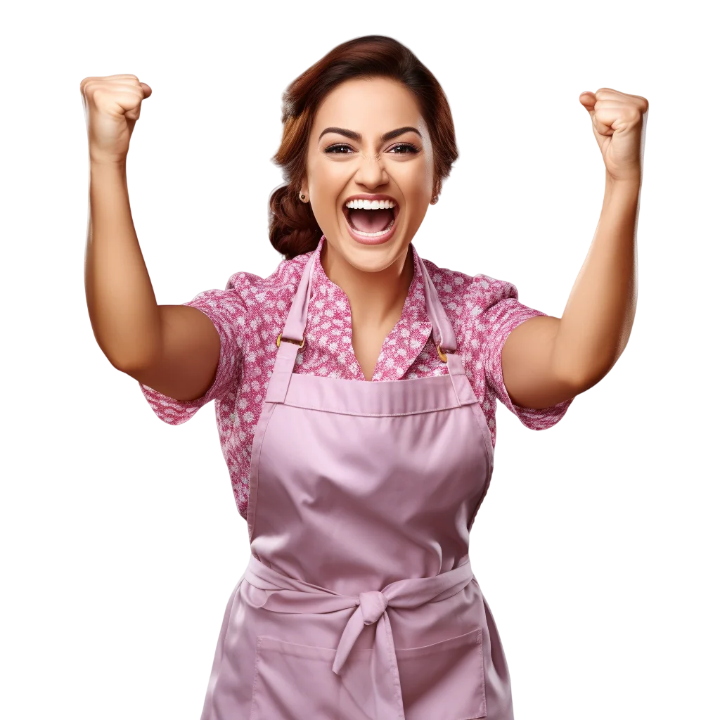 Celebrating Woman in Pink Apron Raising Fists - Free PNG