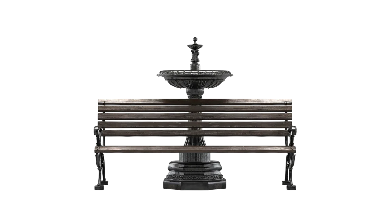 Park Bench in Front of an Ornate Fountain Free PNG
