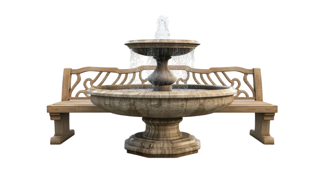 Stone Garden Fountain and Wooden Bench Free PNG