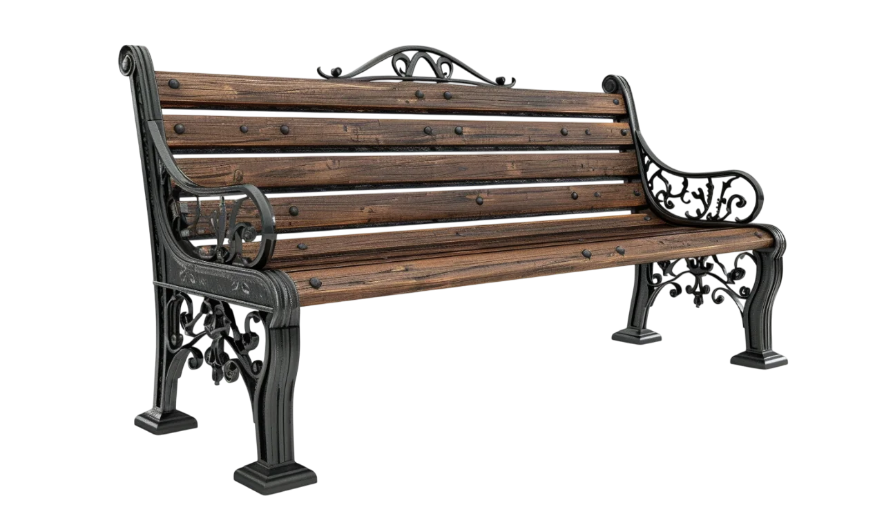 Ornate Wooden Park Bench with Wrought Iron Frame Free PNG