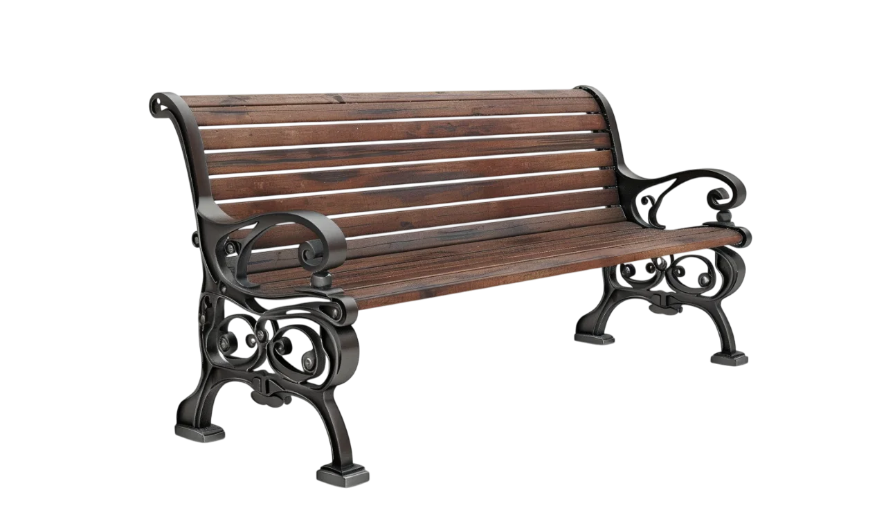 Ornate Wooden Park Bench with Cast Iron Frame Free PNG