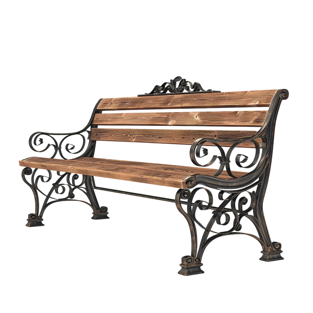 Ornate Wooden Park Bench with Wrought-Iron Frame Free PNG