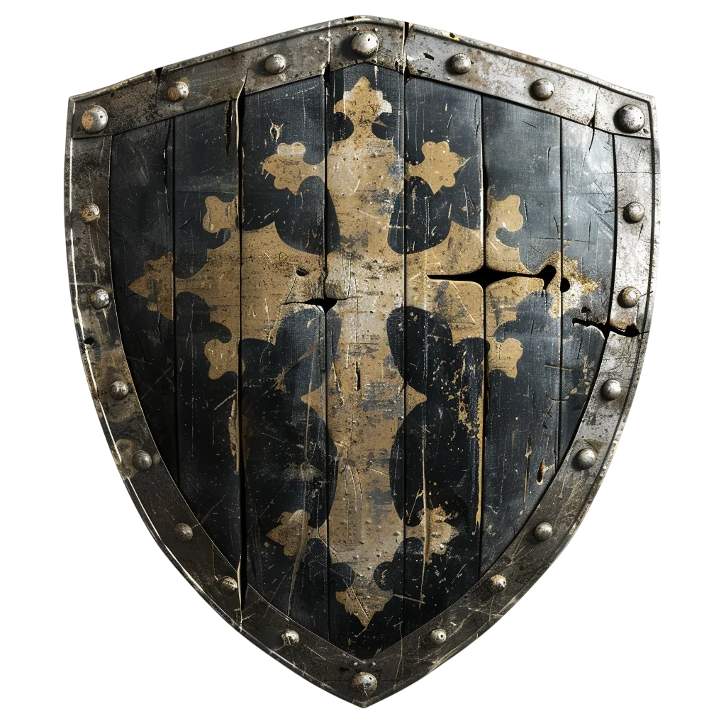Weathered Medieval Wooden Shield with Riveted Metal Edge Free PNG