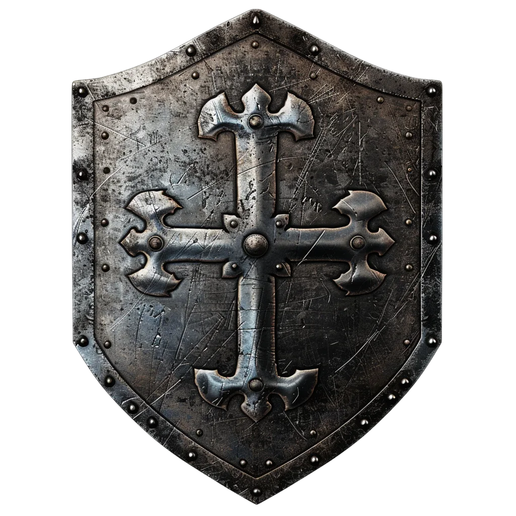 Weathered Iron Shield with Ornate Cross Emblem Free PNG