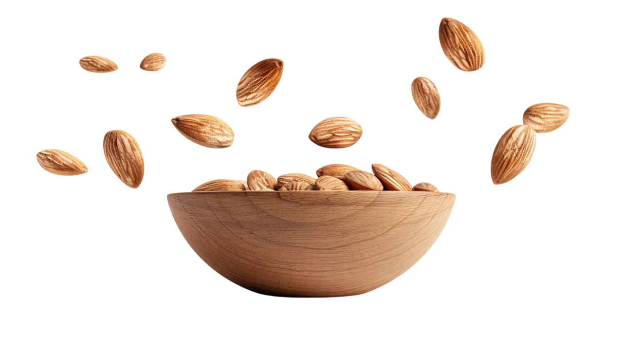 Wooden Bowl of Almonds with Floating Nuts - Free PNG