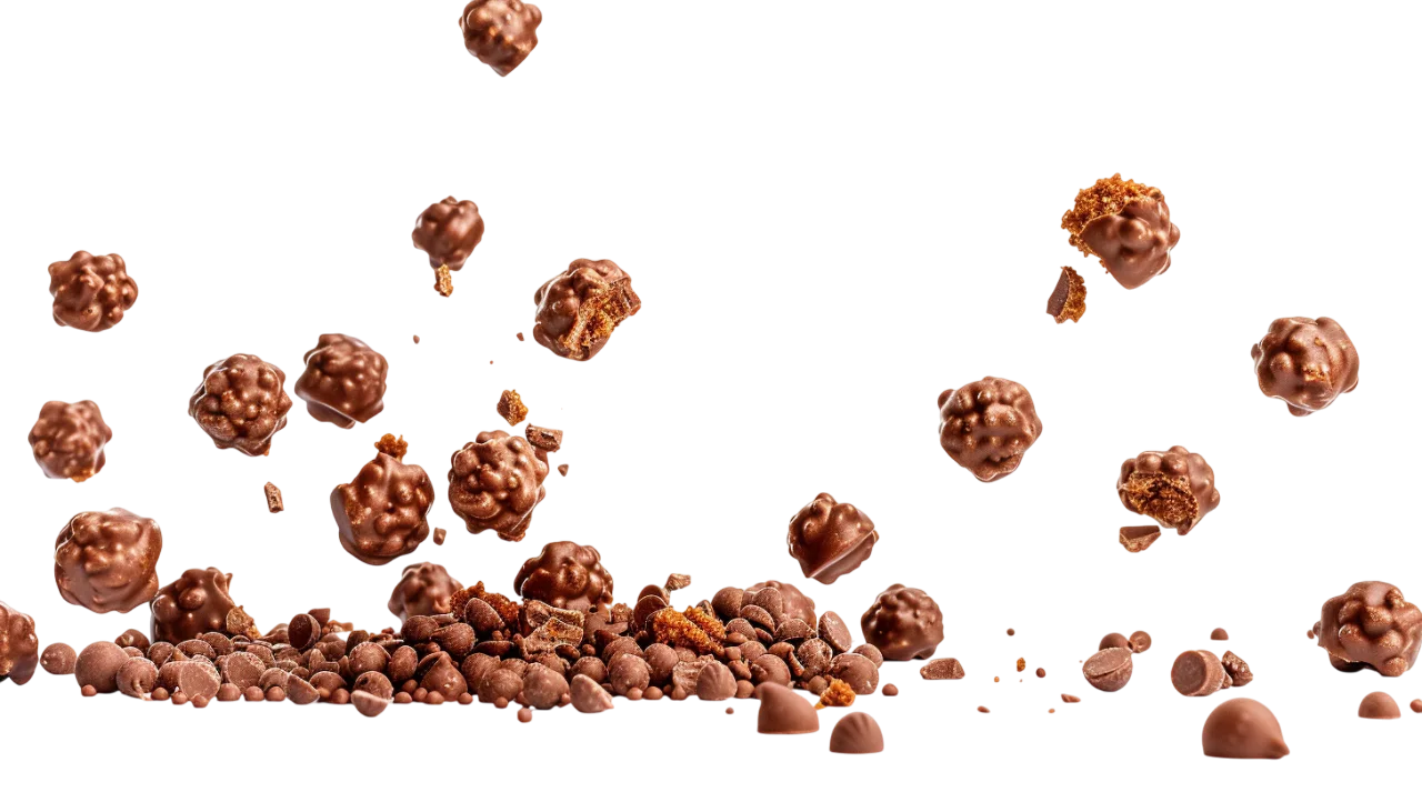 Floating Chocolate Clusters and Pieces on a Dark Background Free PNG