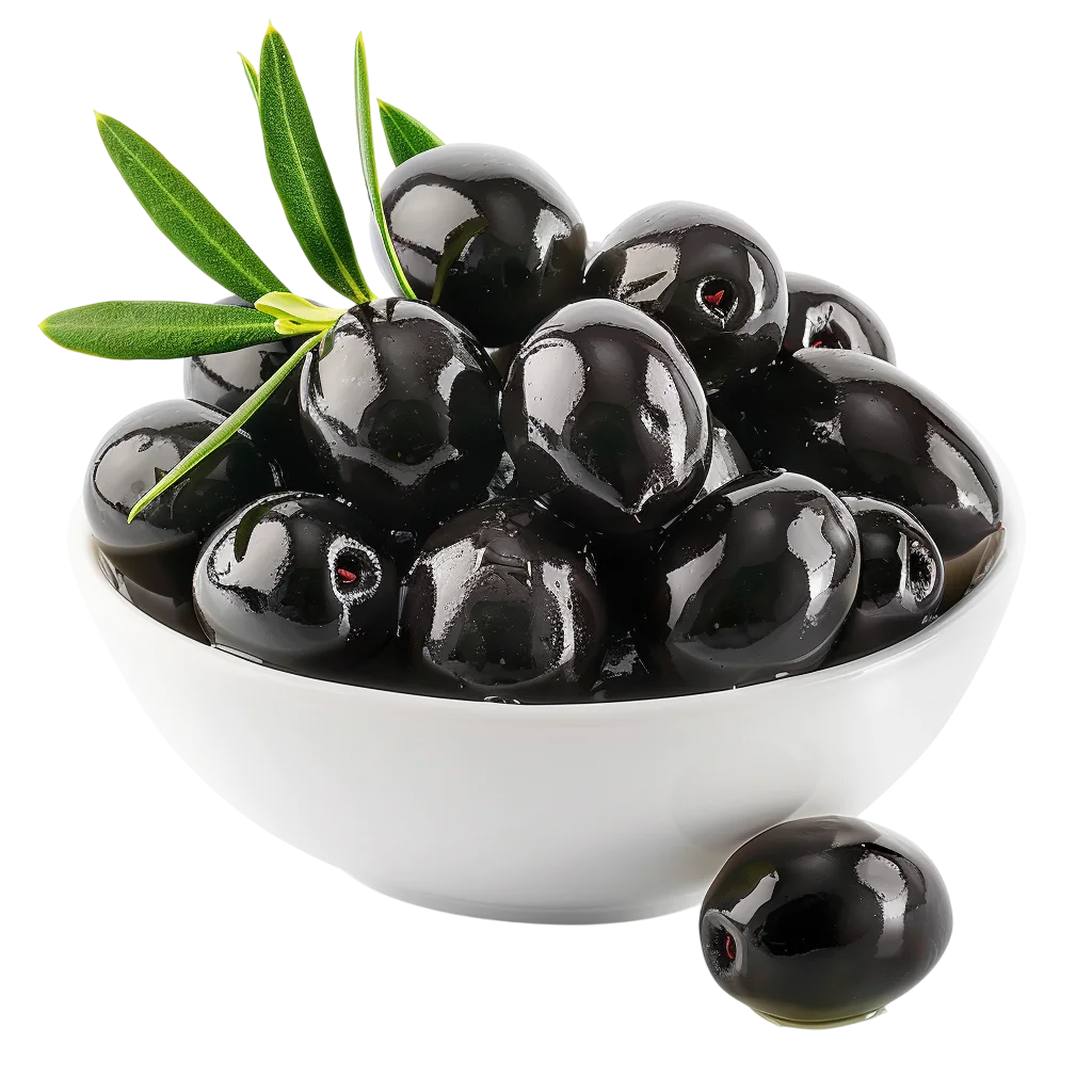 Bowl of Glossy Black Olives with Green Leaves | Free PNG