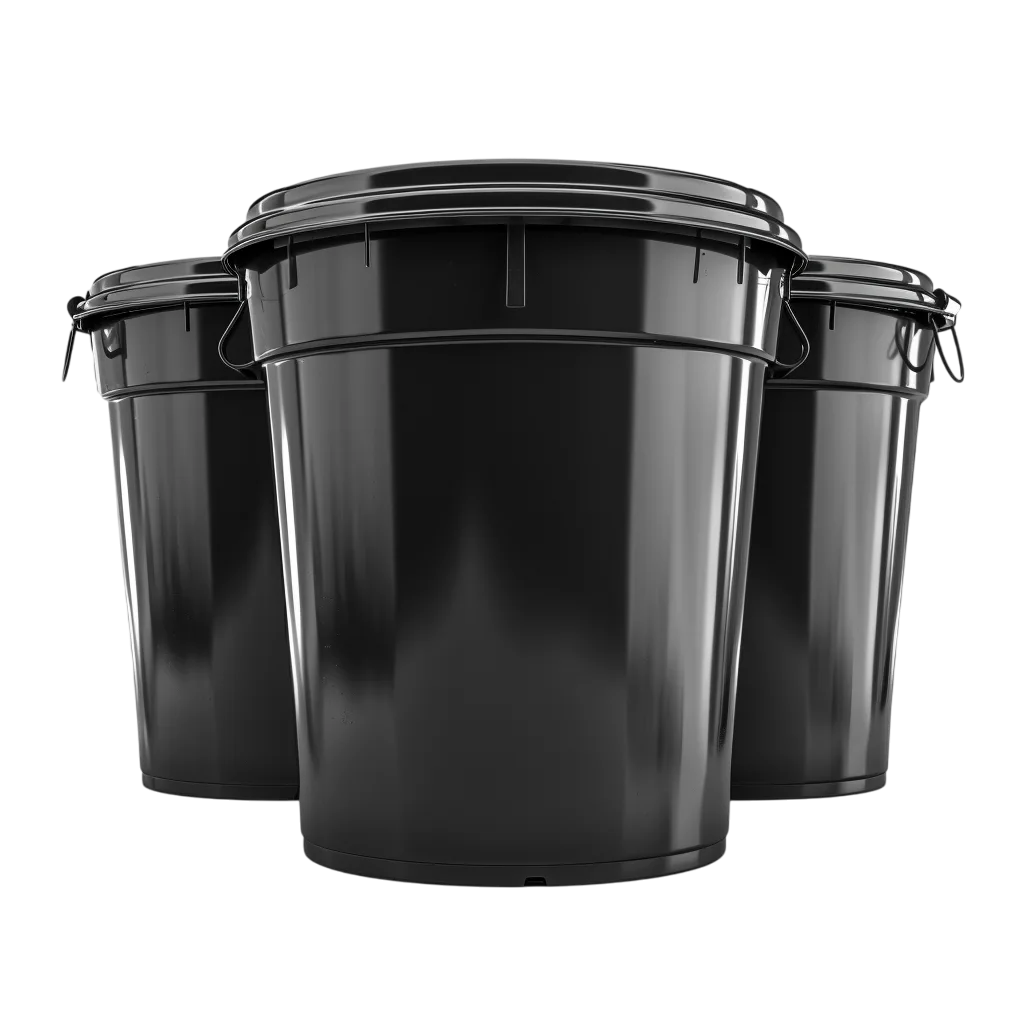 Three Black Lidded Plastic Buckets Free PNG