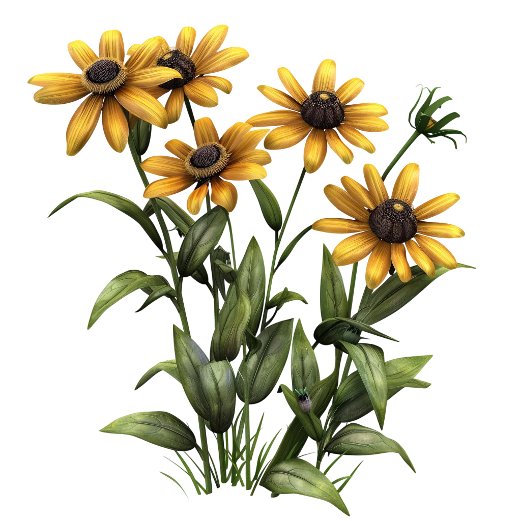 Golden Black-Eyed Susan Flowers with Green Foliage – Free PNG