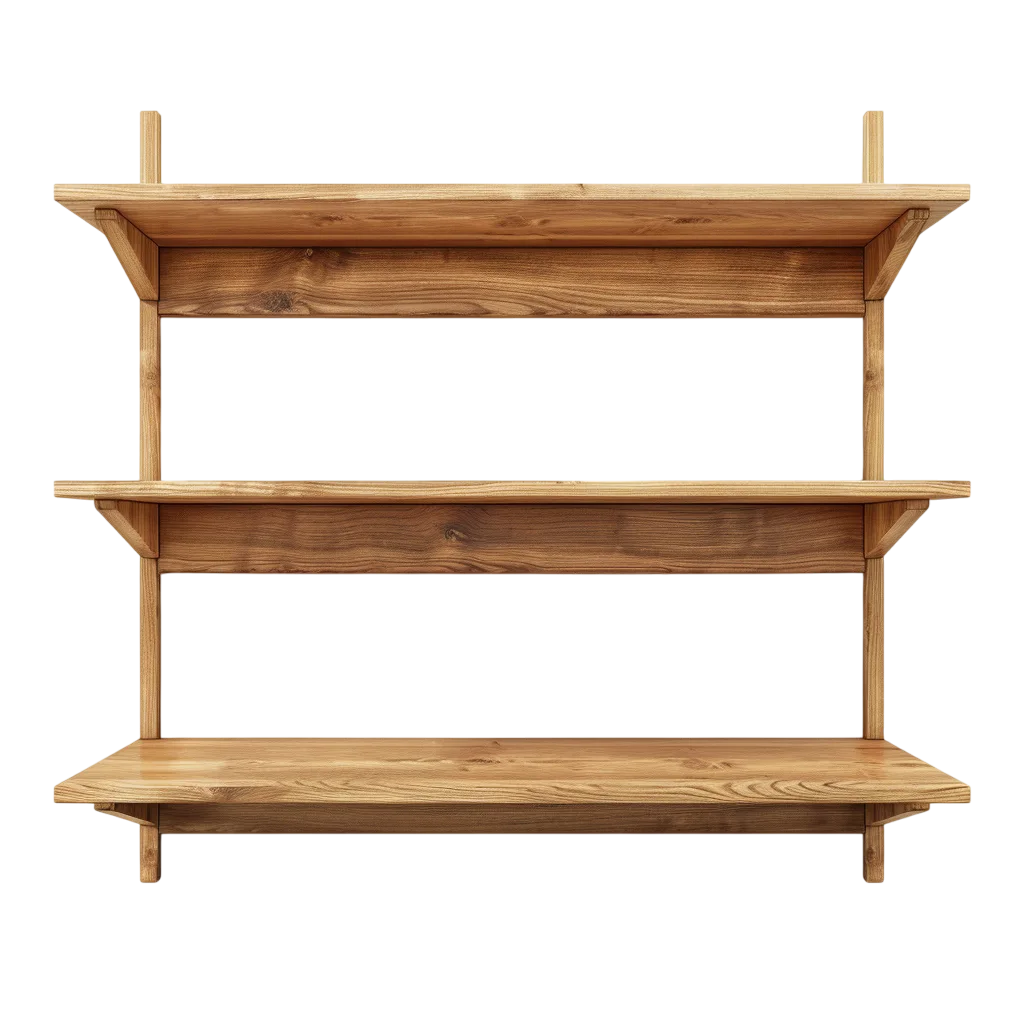 Rustic Three-Tier Wooden Wall Shelf Free PNG