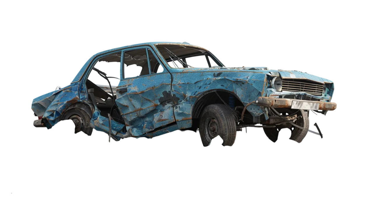 Wrecked Blue Sedan with Rusted Bodywork Free PNG