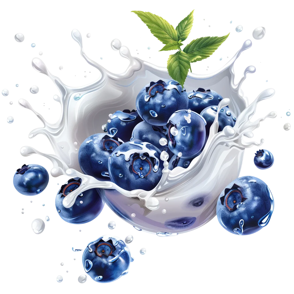 Blueberries in a Milk Splash with Green Leaves Free PNG