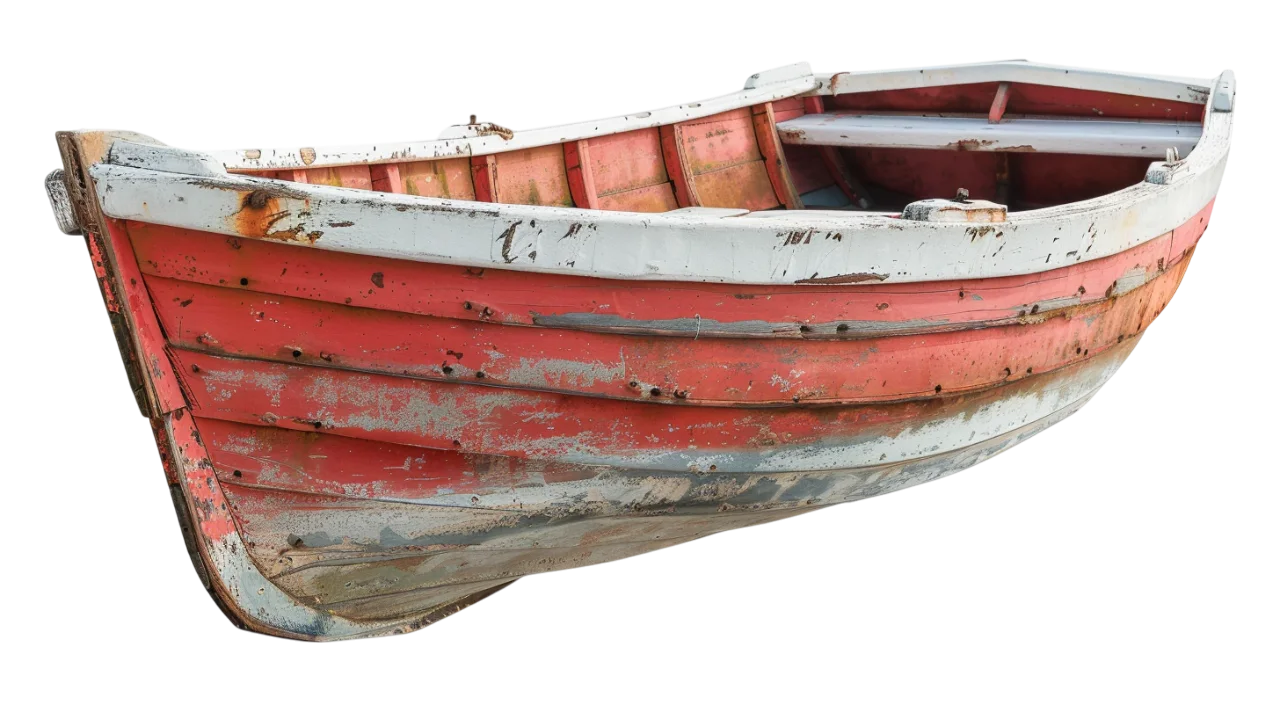 Weathered Red Wooden Rowboat with White Trim - Free PNG