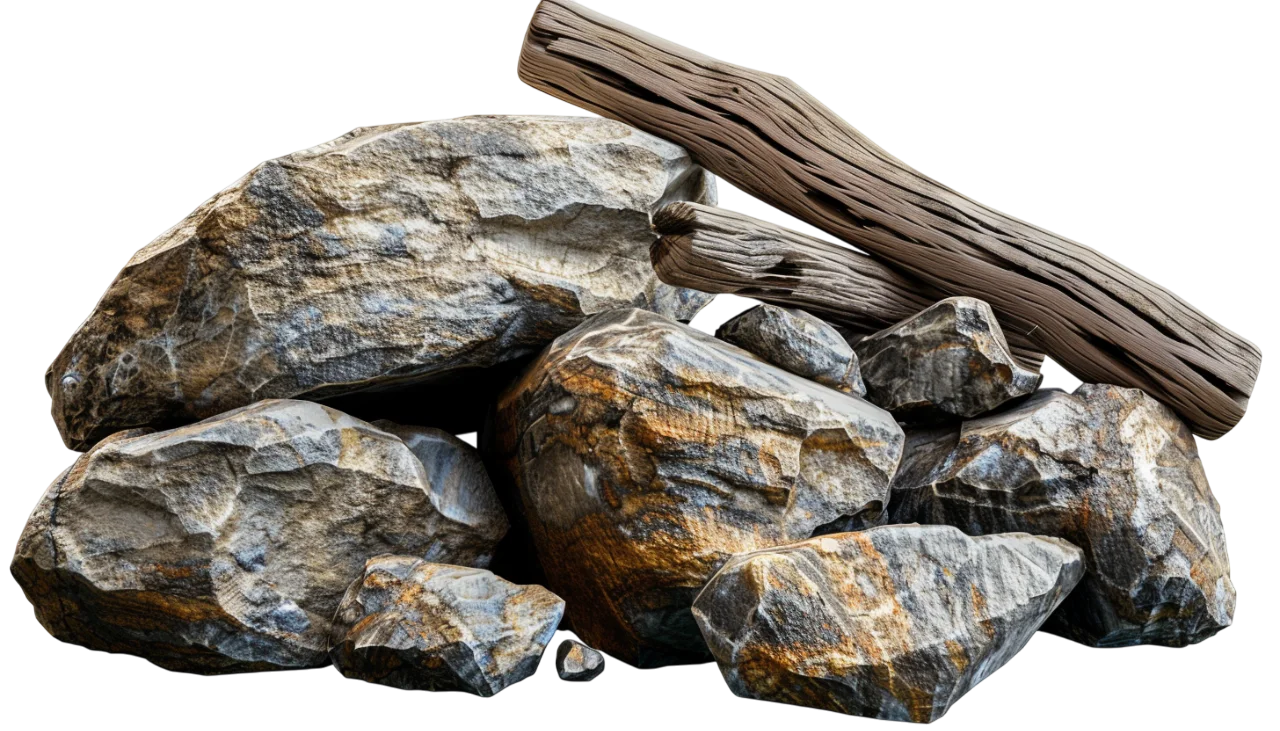 Pile of Weathered Rocks and Driftwood Logs Free PNG