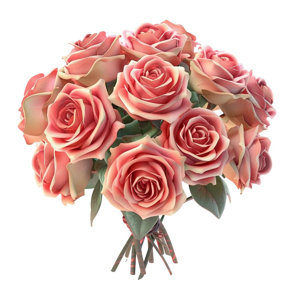 Coral Pink Rose Bouquet with Green Leaves | Free PNG