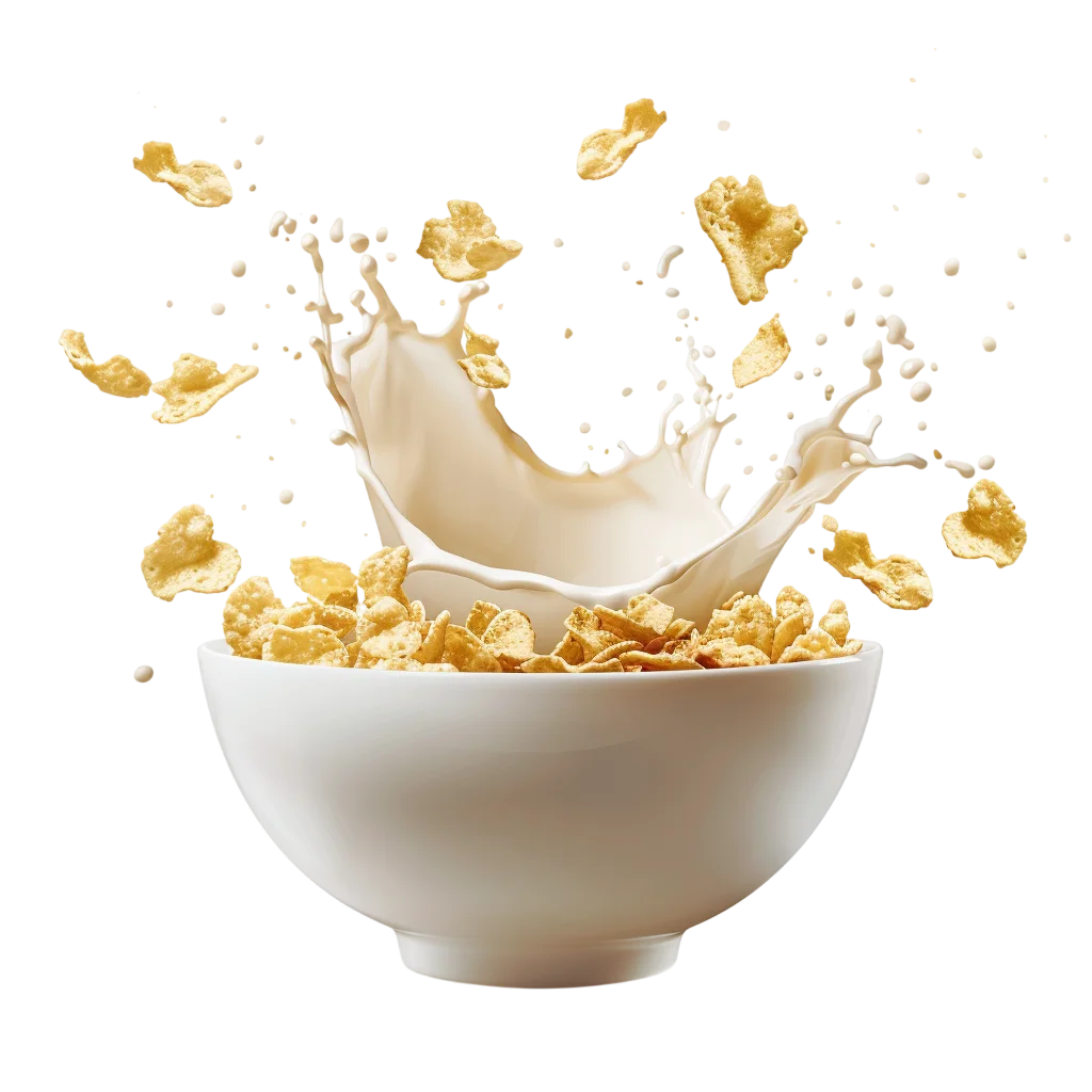 Corn Flakes and Milk Splash in a White Bowl Free PNG