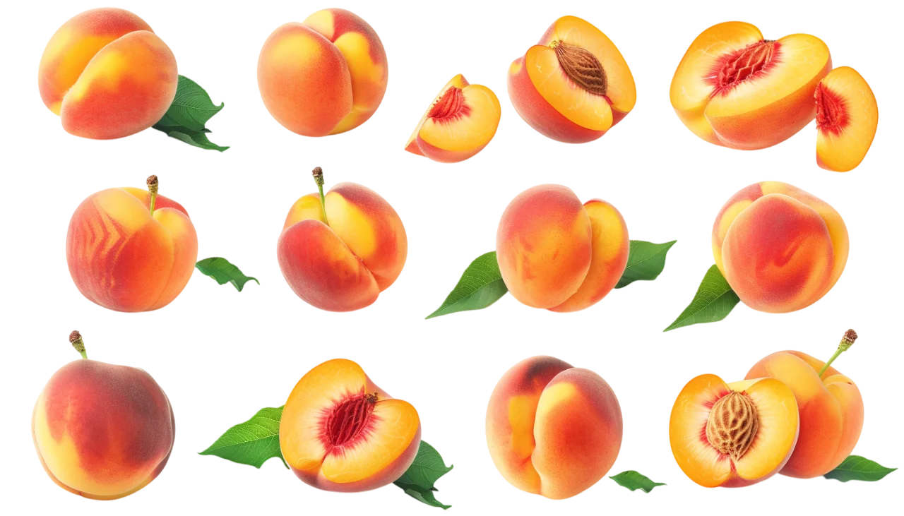 Ripe Peaches, Whole and Sliced – Free PNG