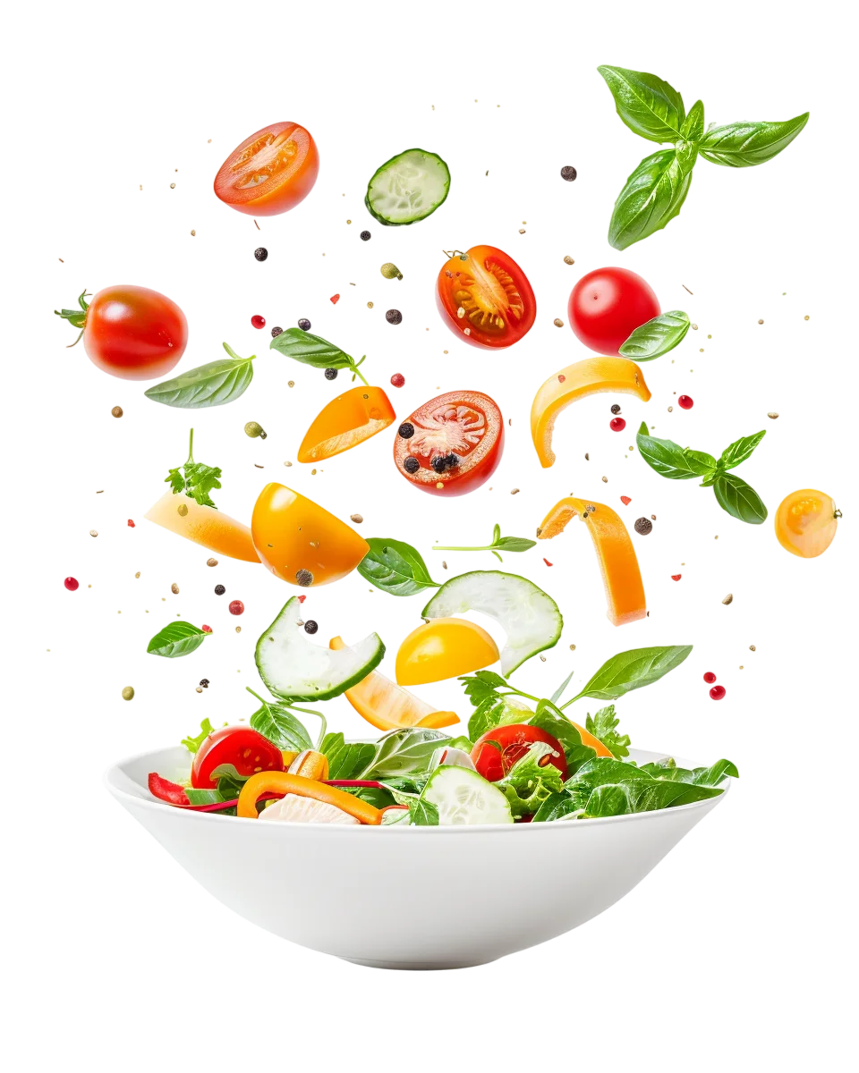 Flying Fresh Vegetables Over a Salad Bowl – Free PNG