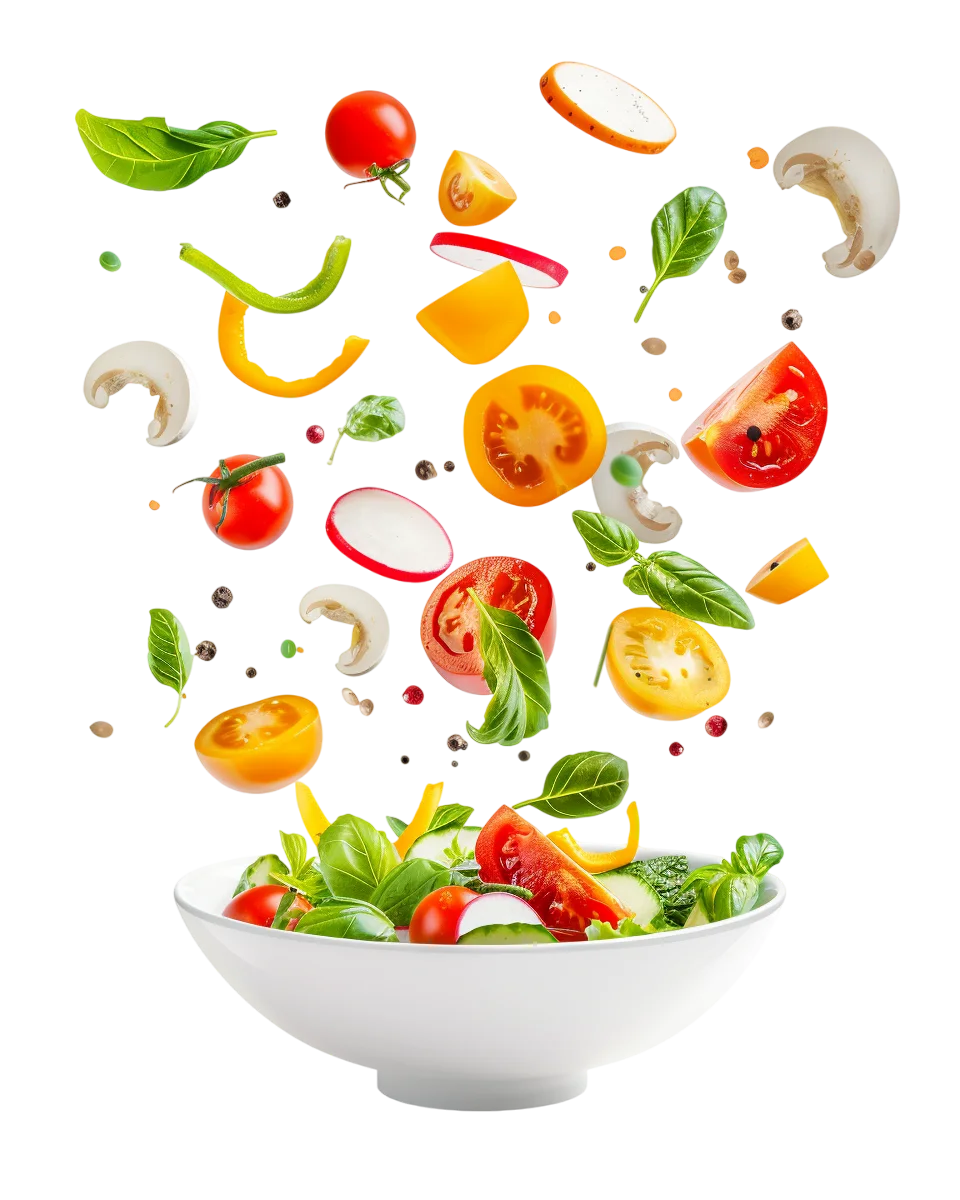 Floating Fresh Salad Ingredients Above a White Bowl Free PNG